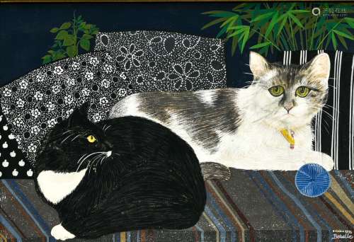 Isabelle DE BORCHGRAVE (Born in 1946) Two cats, 1975 Gouache...