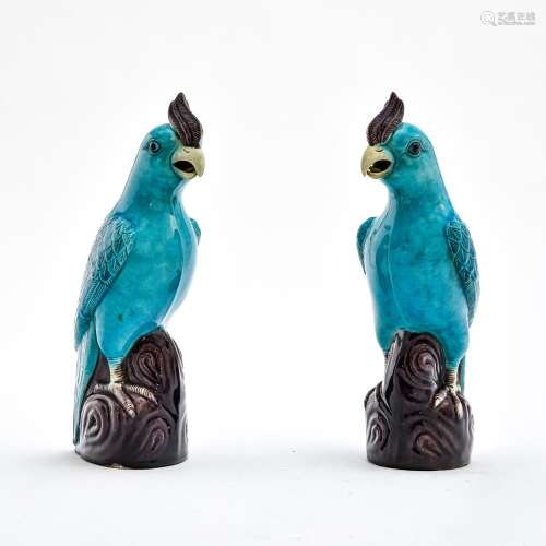 Two cockatoos 20TH CENTURY WORK polychrome enamelled ceramic...