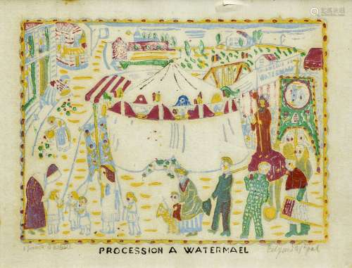 Edgar TYTGAT (1879-1957) Procession in Watermael colour engr...