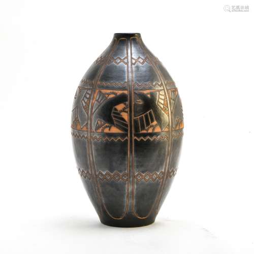 Charles CATTEAU (1880-1966) & BOCH La Louvire Large vase fe...