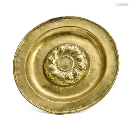 Large offering plate 17TH CENTURY WORK brass with embossed d...