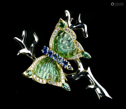 Butterfly brooch 18 kt yellow and white gold, set with five ...