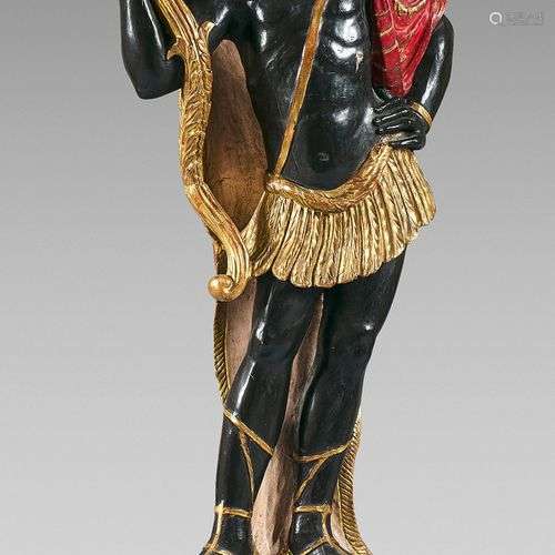 Porte-torchère en bois sculpté polychrome et doré en forme d...