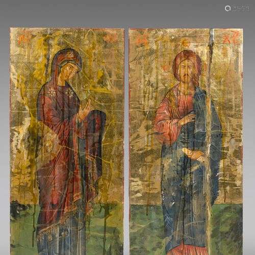Deux panneaux polychromes sur fond doré ornés d'une Vierge e...