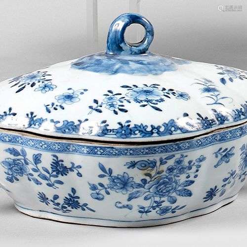 Légumier couvert ovale en porcelaine à décor en camaïeu bleu...