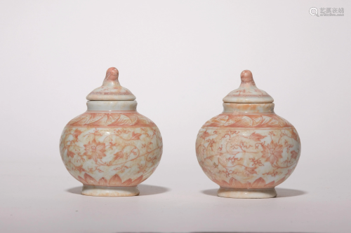 A Pair of Iron-Red Floral Jars with lid