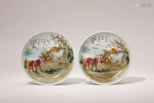 A Pair Famille Rose Horses Saucers