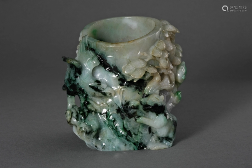 A Carved Jadeite Brush Pot Bitong