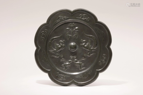 A Lobed Double Luan Black Lacquer Bronze Mirror