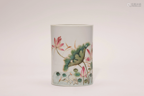 A Famille Rose Lotus Bitong Brush Pot with Hongxian