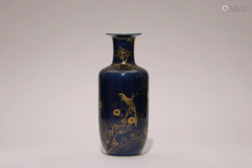 A Gilt Blue Glazed Floral and Birds Vase