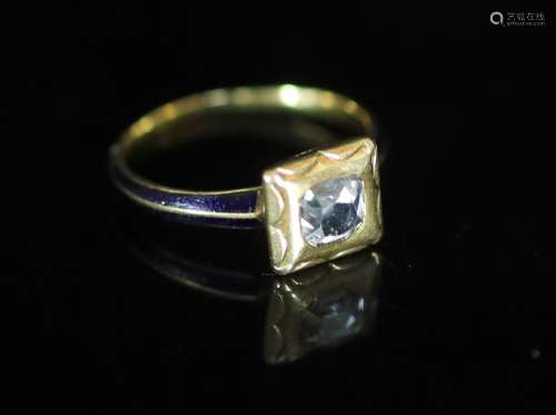 A 19th century gold, blue enamel and old mine cut diamond se...