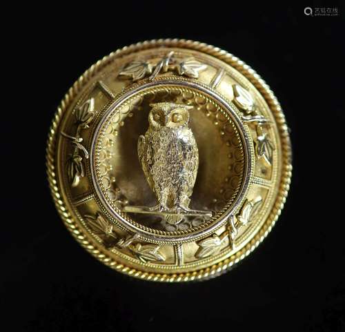 A Victorian gold target broochcentred with an owl perched up...