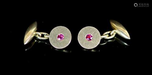 A pair of 18ct gold and ruby set disc cufflinks,diameter 12m...