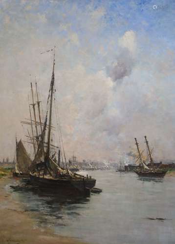 Charles Lapostolet (1824-1890)Boats moored on the river abov...