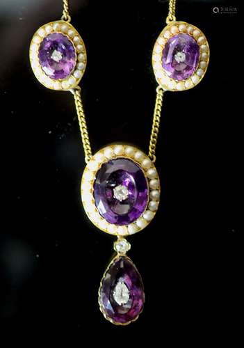 A Victorian style gold, amethyst, split pearl and old cut di...