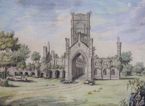 18th century English SchoolView of Kirkstall Abbeyink and wa...