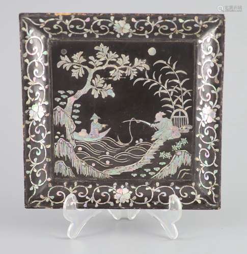 A Chinese lac burgaute square dish, 18th century,decorated w...