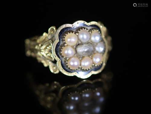 A William IV 18ct gold, black enamel and seed pearl set mour...