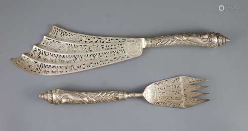 A cased ornate pair of Victorian silver fish servers, Aldwin...