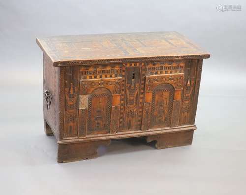 A late 16th century Anglo-German ‘Nonesuch’ chest,The facade...