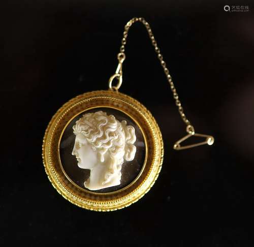 A Victorian gold and white enamel mounted agate cameo circul...