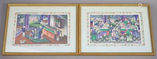 A pair of Chinese pith paintings of figures in interiors, 19...