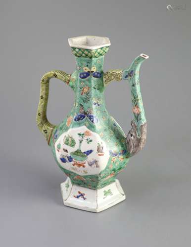 A Chinese famille verte hexagonal wine ewer, Kangxi period (...