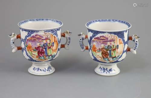 A pair of Chinese famille rose two handled cups, Qianlong pe...