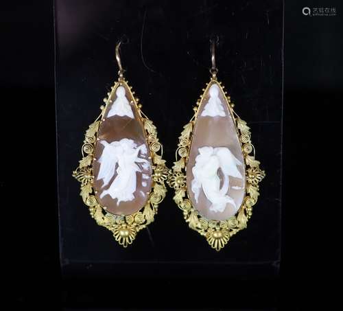 A pair of Victorian gold mounted cameo shell teardrop shaped...