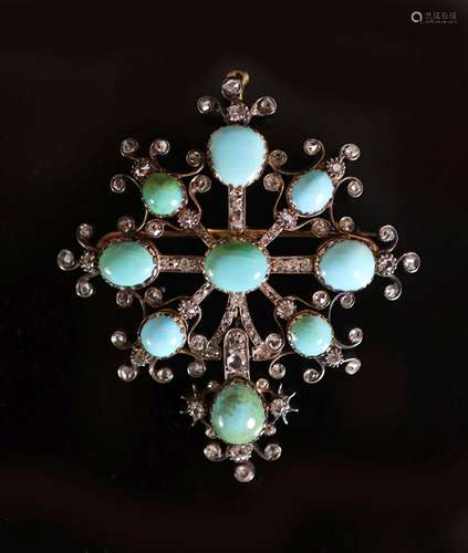 A Victorian gold, and silver, turquoise, old and rose cut di...