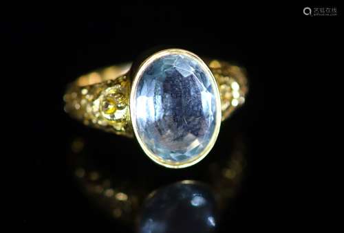 A Victorian style gold and single stone oval cut aquamarine ...