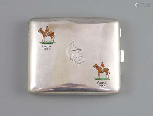 A late Victorian enamelled silver horse racing related cigar...