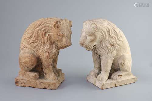 A pair of European pink marble seated lions, 18th century or...