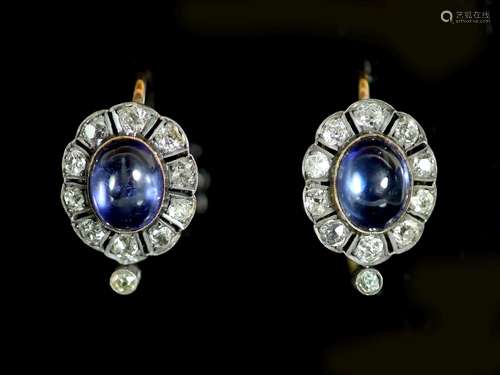 A pair of 19th century gold and silver, cabochon sapphire? a...