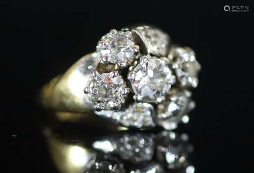 A mid 20th century 18ct gold and five stone diamond cluster ...