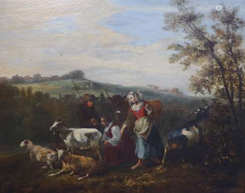 Late 18th century Flemish SchoolShepherdess in a landscapeOi...