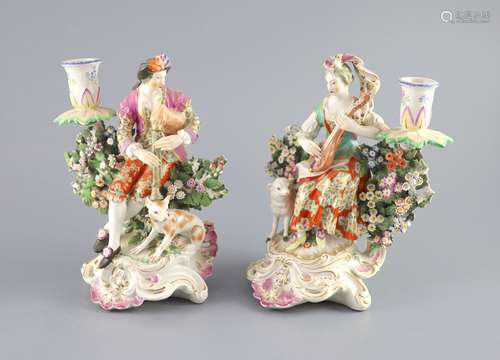 A pair of Chelsea Derby musician candlestick figures, c.1770...