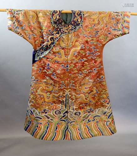 A Chinese apricot embroidered silk ‘dragon’ formal court rob...