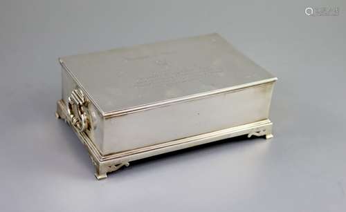 A George VI silver mounted two handled rectangular cigar box...