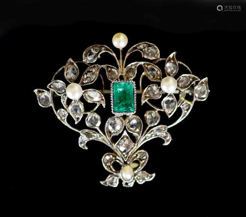 A 19th century silver and gold? emerald, pearl and rose cut ...