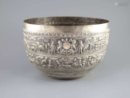 A large late 19th century Indian export embossed silver bowl...