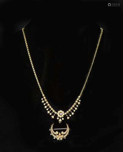 A Victorian gold, pearl and diamond set necklace, lacking dr...