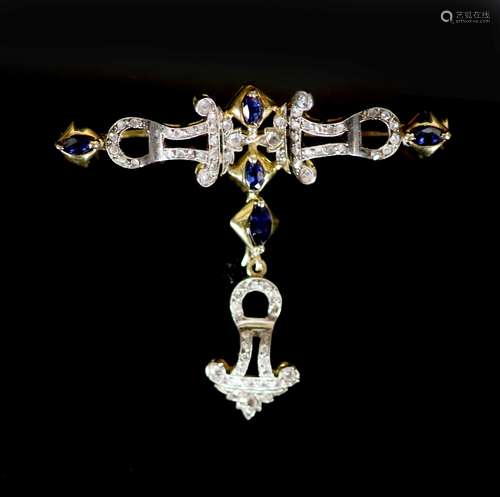 A mid 20th century gold, sapphire and diamond set drop openw...