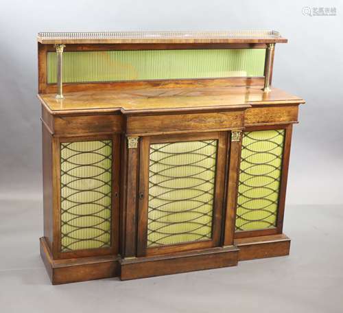 A Regency rosewood breakfront chiffonier, the raised back wi...