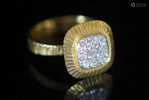 A modern 18ct gold and pave set diamond square cluster ring,...