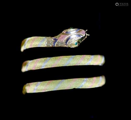 A mid to late 20th century three colour 18ct gold serpent ba...