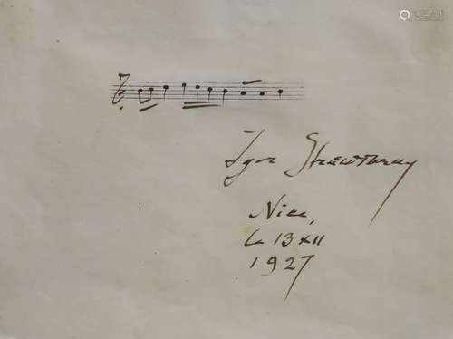 Igor Stravinsky, a signed card with hand-written musical bar...