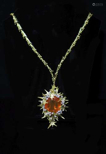 A stylish 1970's George Weil 18ct gold, platinum, fire opal ...