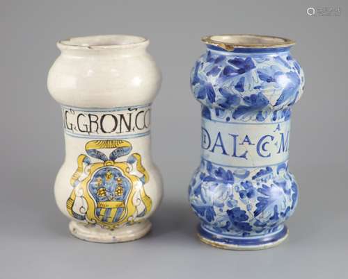 Two Italian maiolica albarello, Savonarola, early 18th centu...